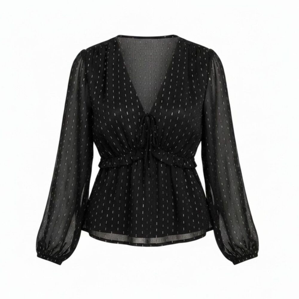 Old Navy Women's Plus Size 4X Black Waist-Defined Ruffle-Trim Gold Clip-Dot Top